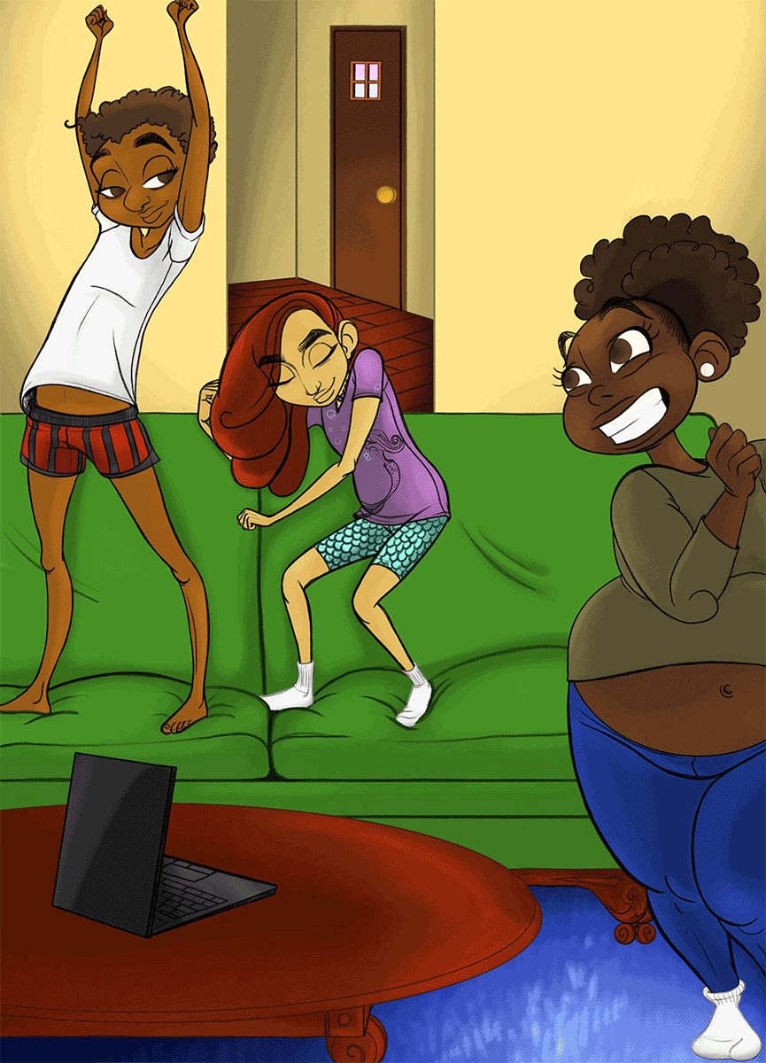 Cartoon image of three kids dancing in a room with a computer on a table in front of them. Two kids are dancing on a green couch. The one on the left is a brown-skinned kid who has their arms in the air and is wearing a white t-shirt and red and black shorts. A red-headed light-skinned person is in the middle of the couch wearing a purple shirt and mermaid blue shorts. A dark-skinned person with hair in a bun smiles widely in front of the couch. They are wearing a grey long-sleeved shirt which shows their belly, and blue pants.